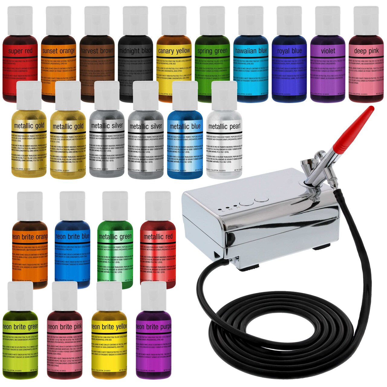 Complete Cake Decorating Airbrush Kit with a Full Selection of 24 Vivid  Airbrush Food Colors